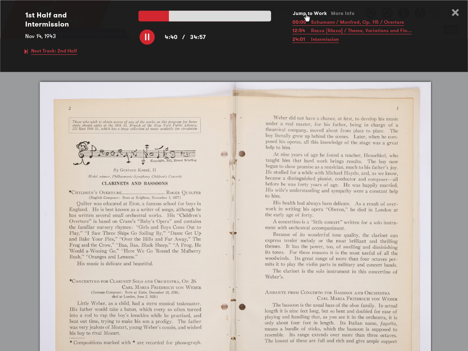 NYPhil Archives book reader with media player