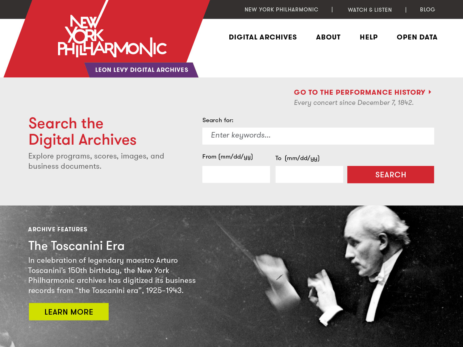 NYPhil Archives website home page