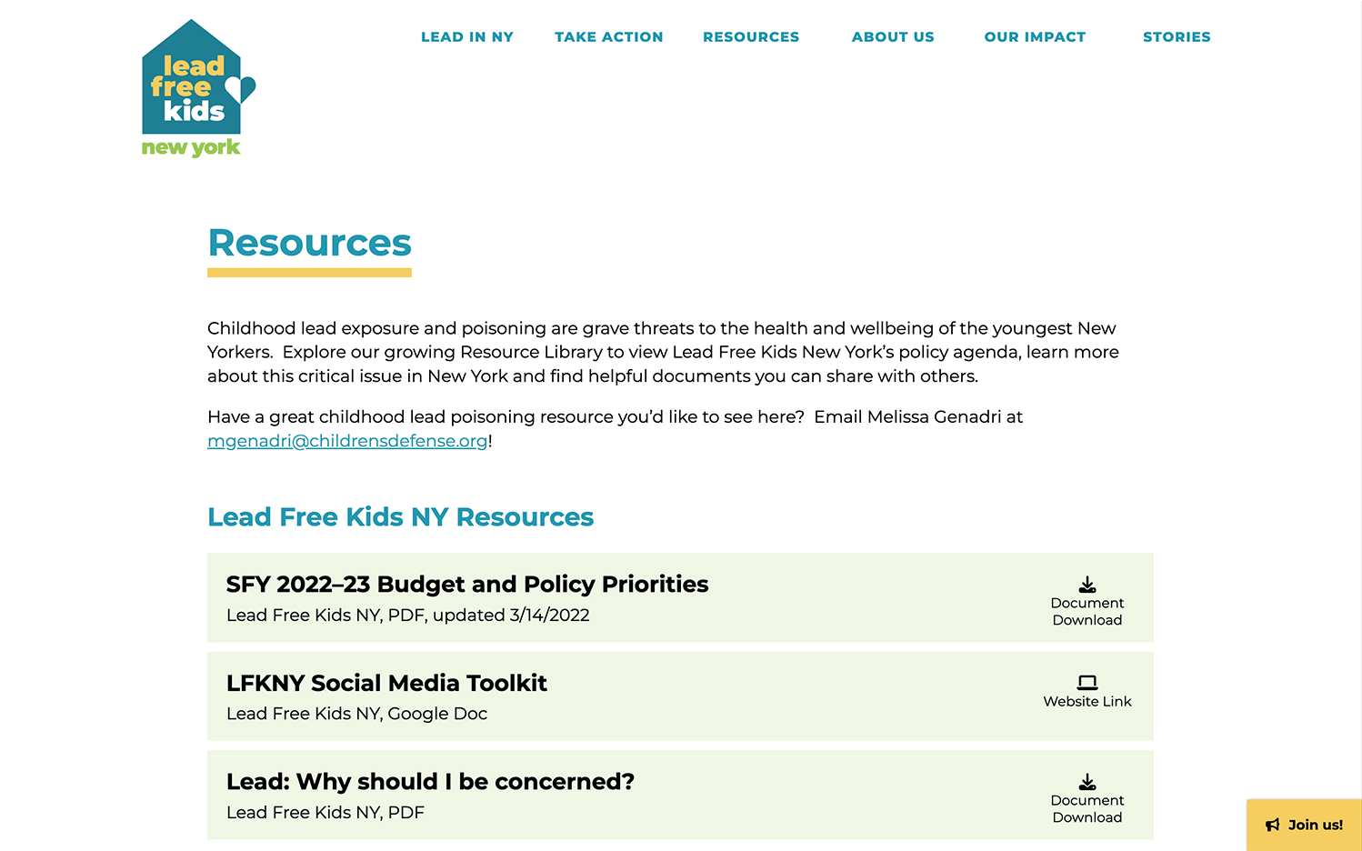 Lead Free Kids NY website