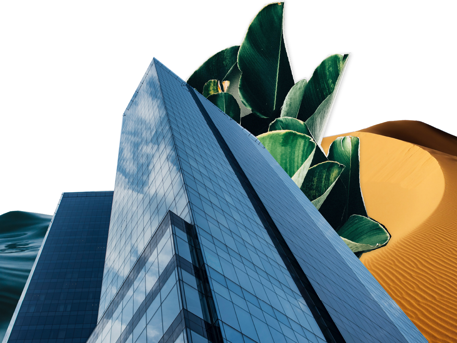 collage depicting skyscraper alongside natural elements